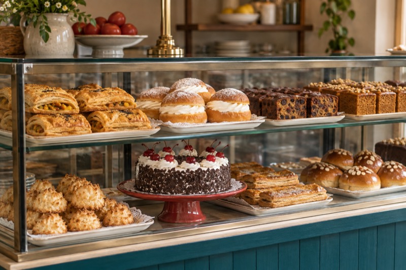 A glass bakery display case with veg puffs, cream buns, plum cake and a black forest cake
