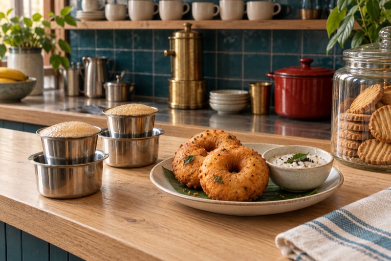 Filter coffee, medu vada and chutney on a cafe counter