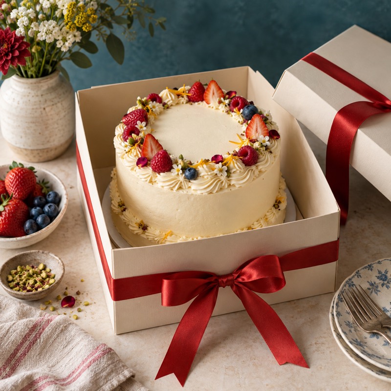 A custom cake in a cream box tied with a red ribbon, ready for pickup