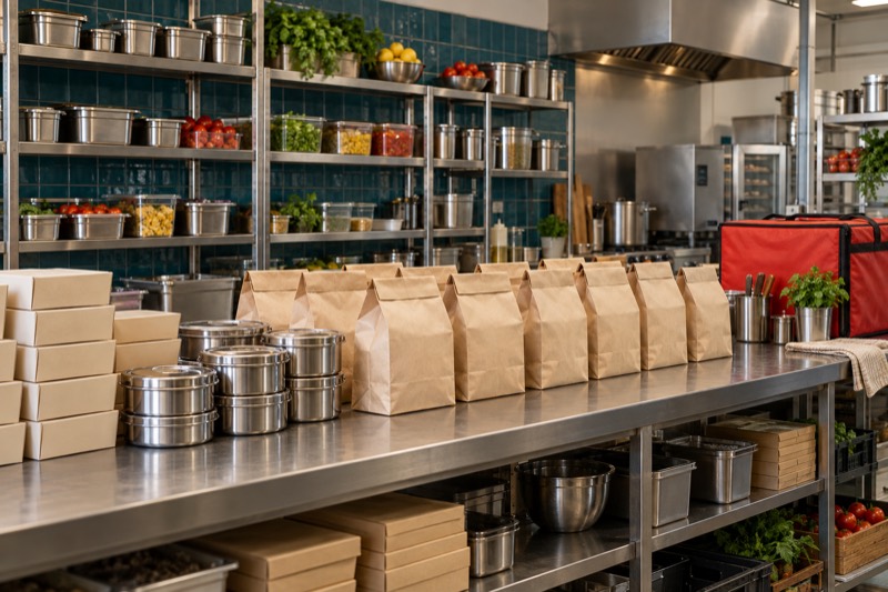 A cloud kitchen dispatch counter with packed delivery bags and steel containers