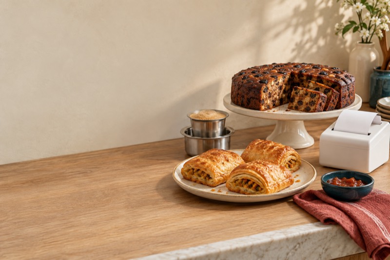 A bakery counter with veg puffs, plum cake and a tumbler of filter coffee