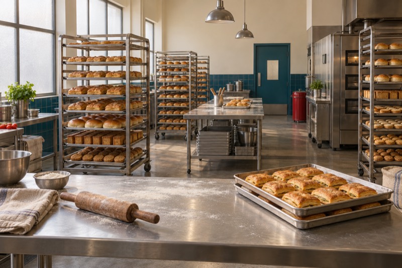 A bakery central kitchen with steel racks of puffs, buns, rusks and cookies