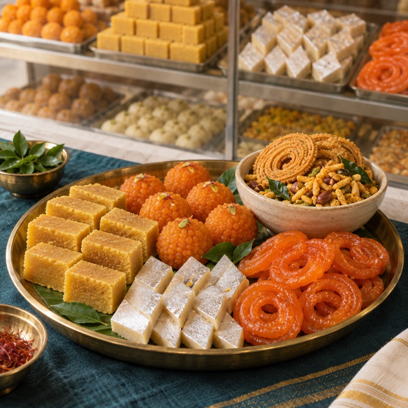 A brass tray of Mysore pak, laddus, kaju katli and jangiri